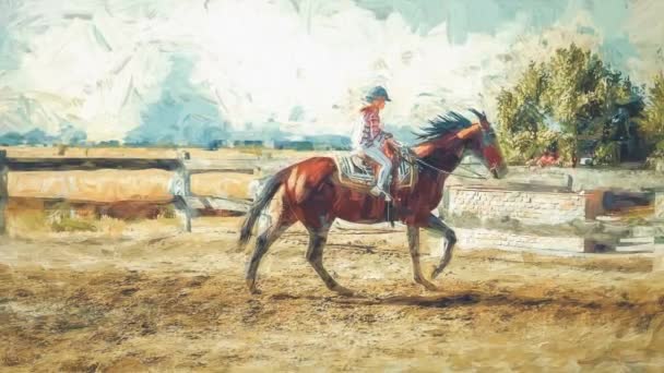 Κορίτσι Προπονεί Άλογο Μια Όμορφη Καλοκαιρινή Μέρα Εφέ Ζωγραφικής Κινούμενα — Αρχείο Βίντεο