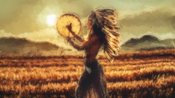 Frumoasă Fată Șamanică Care Joacă Tamburul Șamanului Natură Efect Pictură — Videoclip de stoc