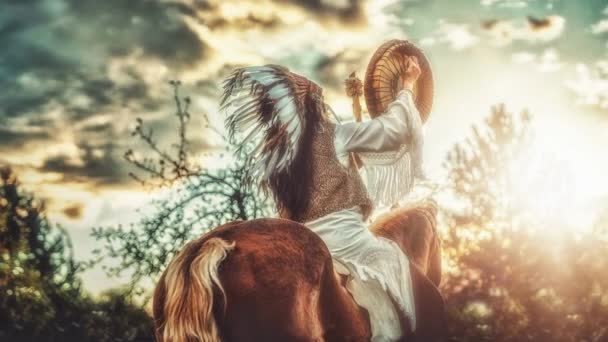 シャーマンは馬と一緒に風景を眺めている ループ アニメーション — ストック動画