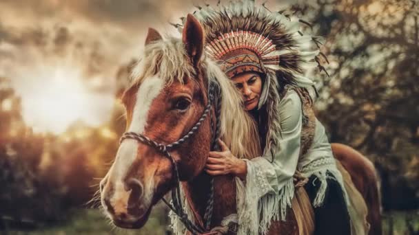 Shaman Woman Landscape Her Horse Loop Animation — Stock Video