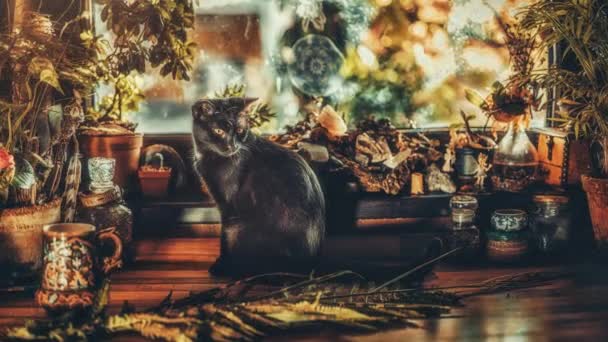 一只猫躺在美丽的乡村厨房的桌子上 循环动画 — 图库视频影像
