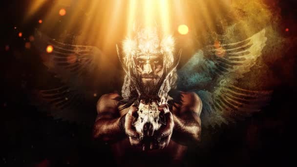 Beautiful Shamanic Man Headdress Deer Skull — Stock Video