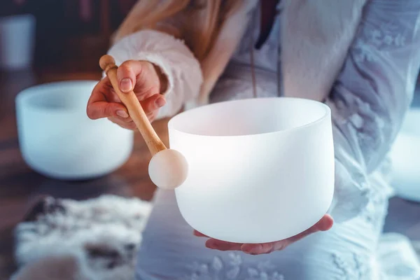 Woman Playing Crystal Bowl Ceremony Space Stock Picture