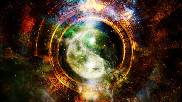 Yin Yang Symbool Maya Kalender Kosmische Ruimte Achtergrond Stockfoto