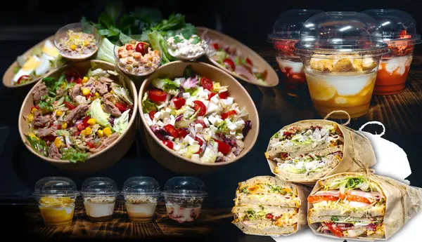 Collage with different types of salads, yogurts and toasts