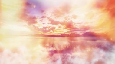 Gün batımı manzarası, arkasında güzel bulutlar olan bir göl. Hafif arkaplan