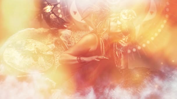 Krásná Šamanská Žena Sovou Interiérech — Stock video