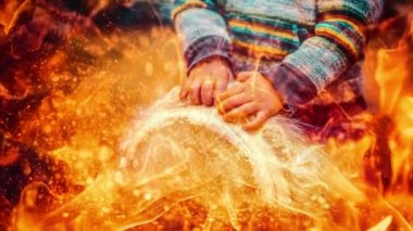 Çocuk doğal keçi kürklü bir djembe davul çalıyor. Ateş etkisi. Döngü Canlandırması