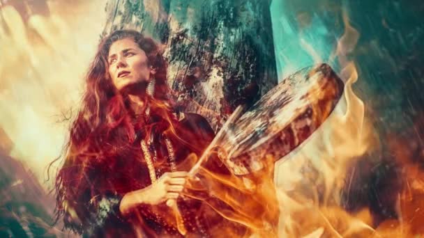 Beautiful Shamanic Girl Playing Shaman Frame Drum Nature Fire Background — Stock Video