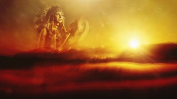 Krásná Šamanská Dívka Hraje Šaman Rám Buben Přírodě Animace Smyčky — Stock video