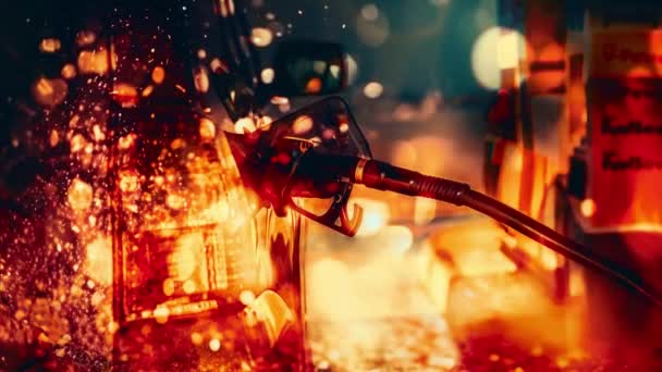 Benzin Istasyonundaki Bir Arabada Benzin Doldurmak Ateş Etkisi Döngü Canlandırması — Stok video