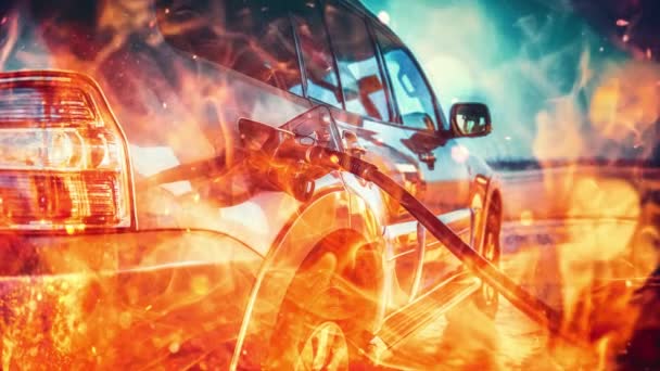 Memompa Bensin Dalam Mobil Sebuah Pompa Bensin Efek Api Animasi — Stok Video