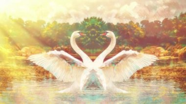 Beyaz kuğular ve mozaik yapıyla göl