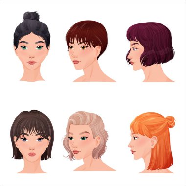 Kadının farklı saç şekillerinin vektör çizimi. Modern kadın saç kesimi: uzun saç, kısa saç, kıvırcık saç moda ikonları.
