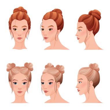 Üç farklı açıda saç modelleri. Farklı bir bakış açısı, profil, bir kızın yüzünün dörtte üçü..