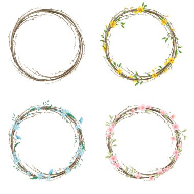 Dallardan ve çiçeklerden vektör çiçek çelengi. Davetiyelerin, kapakların, defterlerin ve diğer şeylerin tasarımı için dekoratif çiçek unsuru. Çiçek çelengi