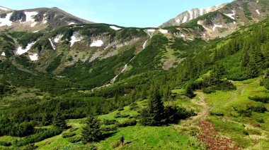 Yeşil ağaçları ve mavi gökyüzü olan güzel dağ manzarası