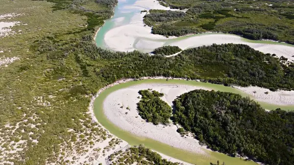 Eine Aufnahme Eines Flusses Mit Weißem Sand Der Von Einem — Stockfoto