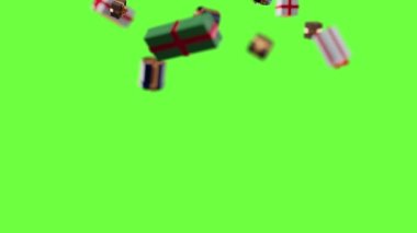 Yeşil arkaplan 3D görüntüleme üzerinde izole alan derinliği ile düşen sunumlar. Beyaz mavi ve yeşil hediyeler. Noel ya da Aziz Nicholas Günü için şölen konsepti.