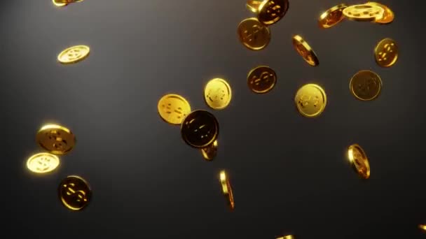 Coins Dollar Sign Falling Dark Background Wealth Concept Animation — Vídeos de Stock