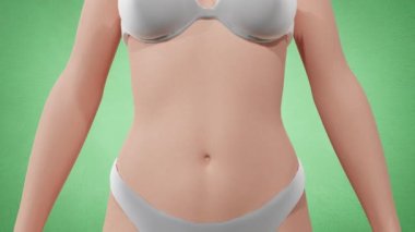 Vücut obezitesinin 4K 3D animasyonu. Kadın vücut ağırlığı, karın büyümesi, bel küçültme, vücut şişmanlaması..