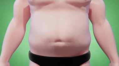 4K 3D vücut inceltme animasyonu. Bir adamın vücut ağırlığı azalıyor, yağ kurutuyor.
