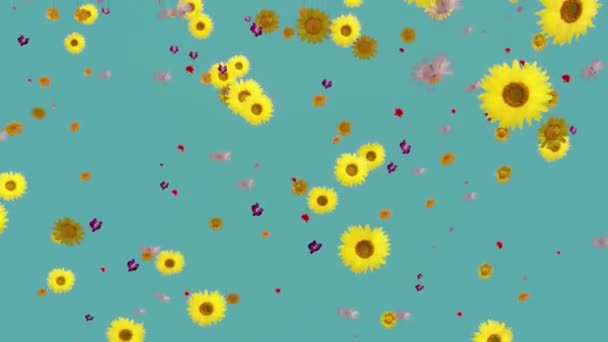Mange Forskjellige Blomster Som Faller Blå Bakgrunn Sammenhengende Animasjon Uten – stockvideo
