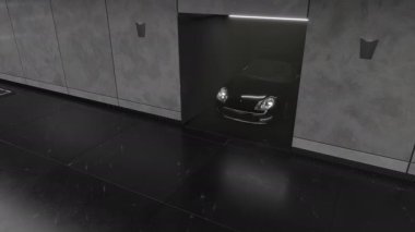 Karanlık bir stüdyonun garajında spor bir araba, parlak ışıklar, yakıcı yansımalar. 4K UHD 3840x2160 3D Profesyonel yüksek kaliteli