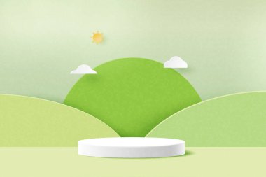 3d kağıt soyut minimum geometrik şekil şablon arka plan. Yeşil doğa dağları üzerinde beyaz silindir podyum. Vektör illüstrasyon.