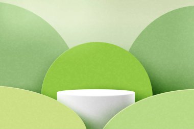 3d kağıt soyut minimum geometrik şekil şablon arka plan. Yeşil doğa dağları üzerinde beyaz silindir podyum. Vektör illüstrasyon.