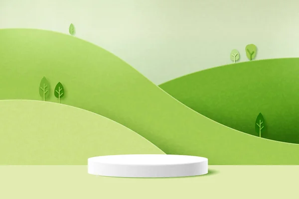 Pódio Cilindro Branco Natureza Verde Montanhas Paisagem Papel Corte Abstrato — Vetor de Stock