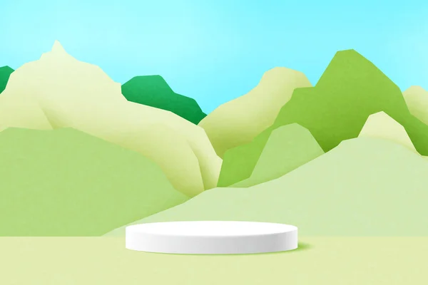 Pódio Cilindro Branco Natureza Verde Montanhas Paisagem Papel Corte Abstrato — Vetor de Stock