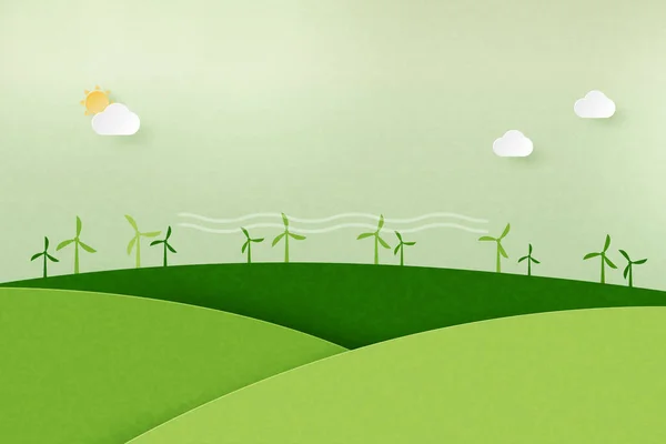 Paper Art Sustainability Alternative Energy Ecology Concept Ανεμοστρόβιλος Πράσινο Τοπίο — Διανυσματικό Αρχείο