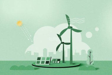 Yeşil alternatif yenilenebilir enerji. Yeşil çevre dostu doğa manzarası. Kağıt ekoloji ve çevre sanatı. Vektör illüstrasyonu..