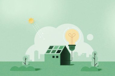 Güneş enerjisi panelleri. Yeşil alternatif yenilenebilir enerji. Yeşil çevre dostu doğa arka planı. Ekoloji ve çevre kavramı. Vektör İllüstrasyonu.