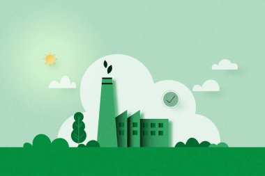 Yeşil sanayi ve alternatif yenilenebilir enerji. Yeşil çevre dostu arka plan. Ekoloji ve çevre konsepti kağıt sanatı. Vektör İllüstrasyonu.