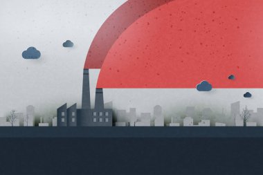 Küresel ısınma ve iklim değişikliği kavramı. Fabrikalardan kaynaklanan kirlilik ve şehir zeminine sahip CO2 emisyonları. Kağıt ekoloji ve çevre kavramı sanatı. Vektör illüstrasyonu.