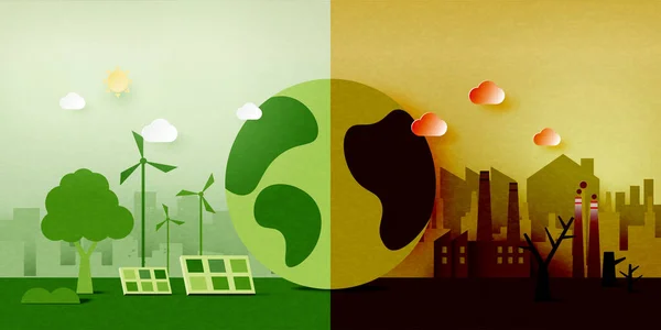 Globális Felmelegedés Éghajlatváltozás Koncepciója Szennyezett Zöld Környezet Felének Háttere Ökológia — Stock Vector