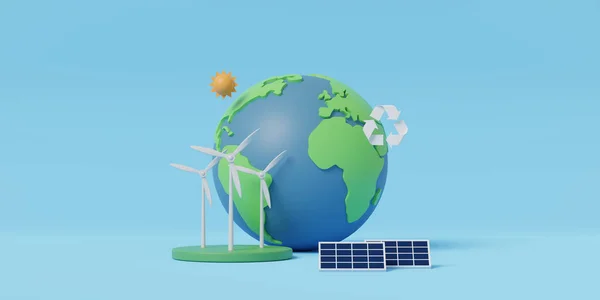 Verde Cartone Animato Pianeta Terra Sfondo Blu Energia Rinnovabile Verde — Foto Stock