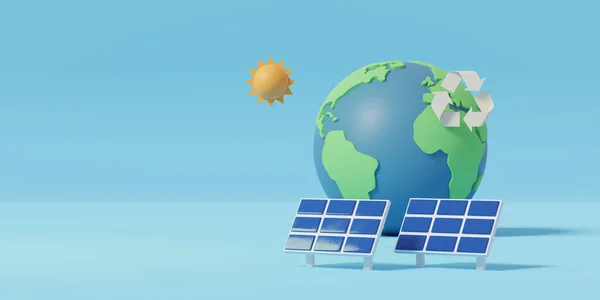 太陽電池パネルが青い背景にシンボルをリサイクルして3Dグリーンアース グリーン再生可能エネルギーと廃棄物ゼロ 生態環境の概念 3Dレンダリング図 — ストック写真