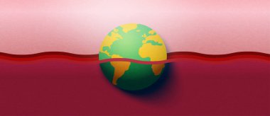 Küresel ısınma ve iklim değişikliği kavramı. Okyanus kirliliği geçmişi olan dünya. Kağıt ekoloji ve çevre konsepti sanatı. Vektör illüstrasyonu.