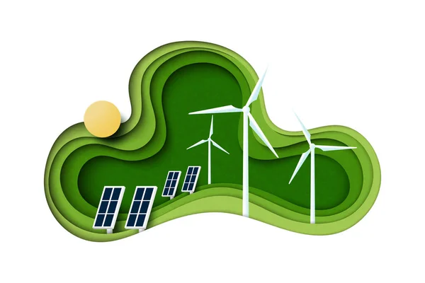 Χάρτινη Τέχνη Ηλιακής Και Ανεμογεννήτριας Έννοια Των Πράσινων Πηγών Ενέργειας — Διανυσματικό Αρχείο