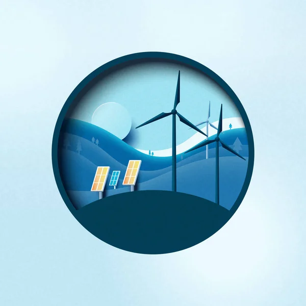 Grünes Energiekonzept Papierkunst Von Sonnenkollektoren Und Windturbinen Ökologie Und Umweltfragen — Stockvektor