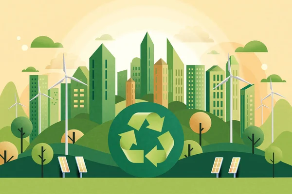Recycle Concept Met Groene Eco Stad Achtergrond Ecologie Behoud Van — Stockvector