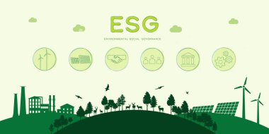 Çevresel sosyal ve yönetim kavramı olarak ESG. Yeşil ekoloji ve alternatif yenilenebilir enerji. Düz Vektör illüstrasyonu.