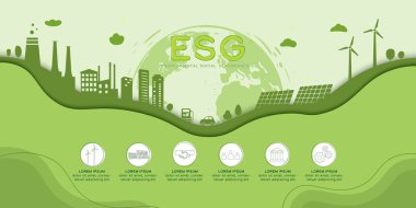 Çevresel sosyal ve yönetim kavramı olarak ESG. Yeşil ekoloji ve alternatif yenilenebilir enerji. Kağıt sanatı temsilciliği.