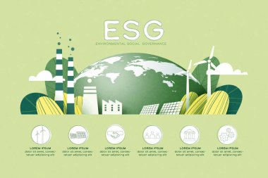 Çevresel sosyal ve yönetim kavramı olarak ESG. Yeşil ekoloji ve alternatif yenilenebilir enerji. Kağıt sanatı temsilciliği.
