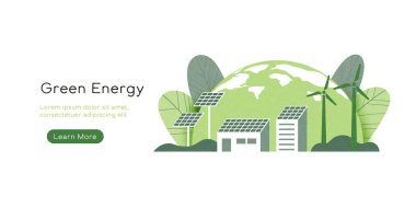 Sustainable Energy Concept. Wind Turbine and Solar Energy Panels. Green Renewable Energy Technology. Ecology, Environment and Pollution. Vector Illustration. clipart