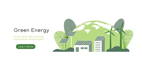Sürdürülebilir Enerji Konsepti Rüzgar Türbini Güneş Enerjisi Panelleri Yeşil Yenilenebilir — Stok Vektör
