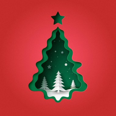 Kırmızı arka planda mutlu noeller ve kış sezonları. Yeşil Noel Ağacı dekore edildi. Kağıt sanatında vektör illüstrasyonu. 